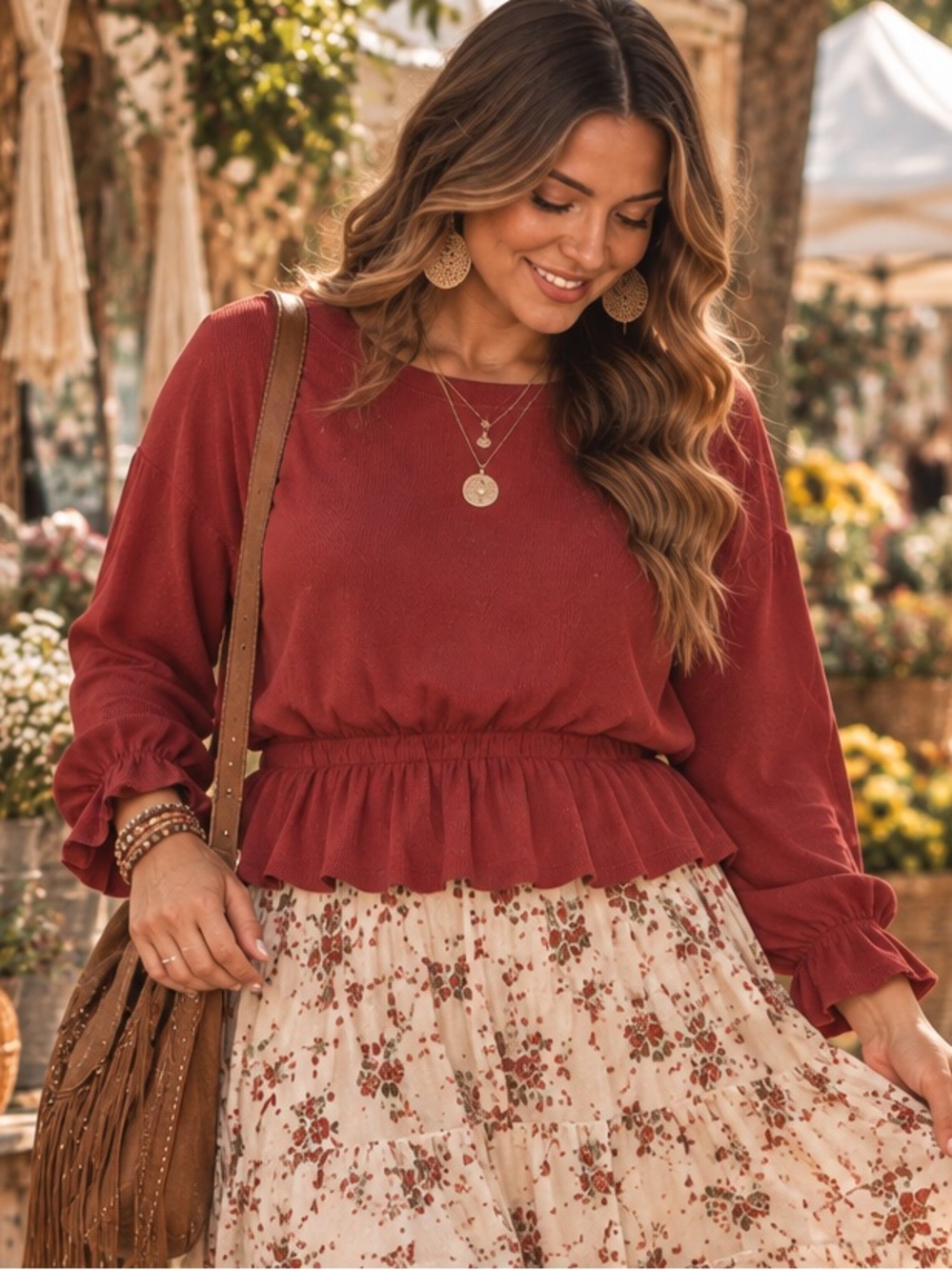 A New Day Women’s Rust Peplum Long Sleeve Top – Size Small